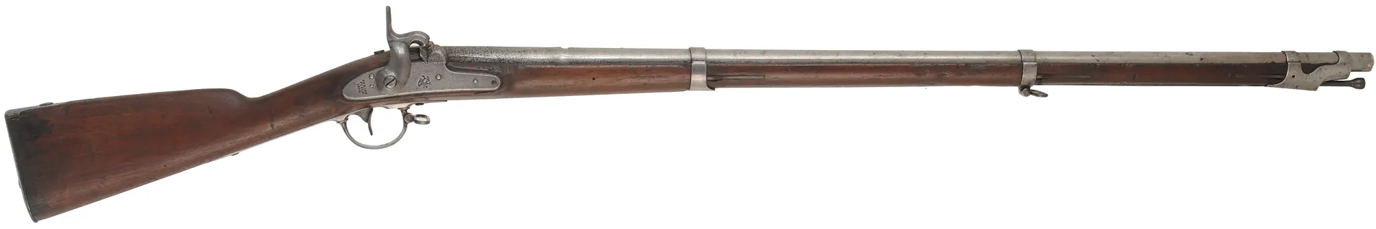 US Model 1842 Musket,
.69 caliber rifled, 40-1/2" cut down barrel, 
percussion, iron, walnut, no rear sight,
antique, dated 1854, by Springfield
