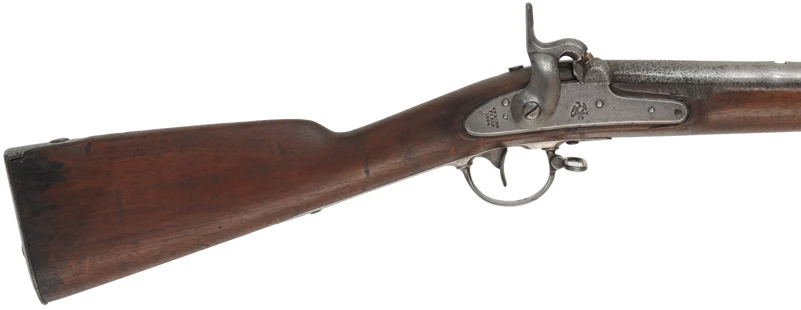 US Model 1842 Musket,
.69 caliber rifled, 40-1/2" cut down barrel, 
percussion, iron, walnut, no rear sight,
antique, dated 1854, by Springfield