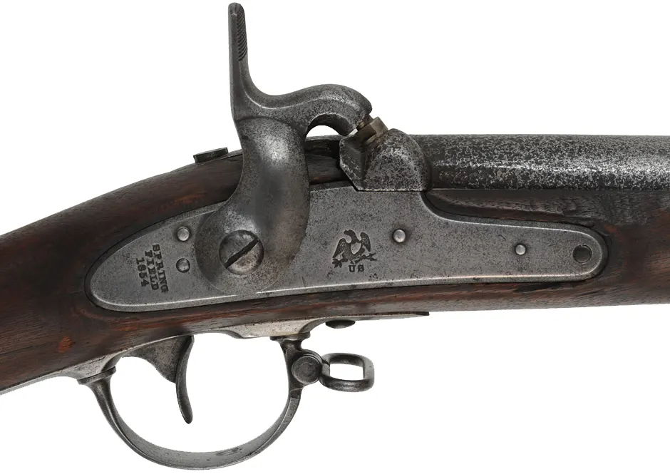 US Model 1842 Musket,
.69 caliber rifled, 40-1/2" cut down barrel, 
percussion, iron, walnut, no rear sight,
antique, dated 1854, by Springfield
