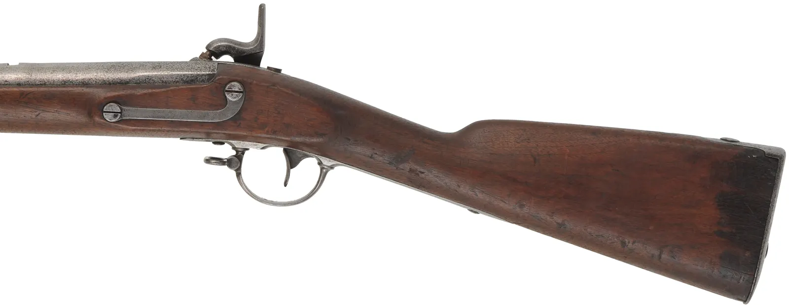 US Model 1842 Musket,
.69 caliber rifled, 40-1/2" cut down barrel, 
percussion, iron, walnut, no rear sight,
antique, dated 1854, by Springfield