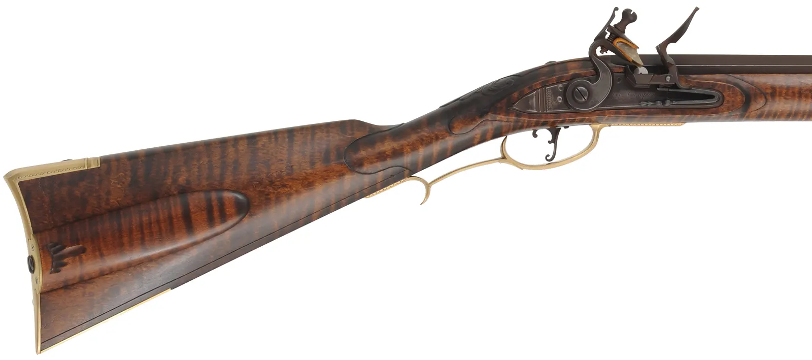 York County Longrifle,
.40 caliber, 42" Rice swamped barrel,
Chambers' deluxe Siler flintlock, curly maple, engraved brass,
new, unfired, by M. Compton