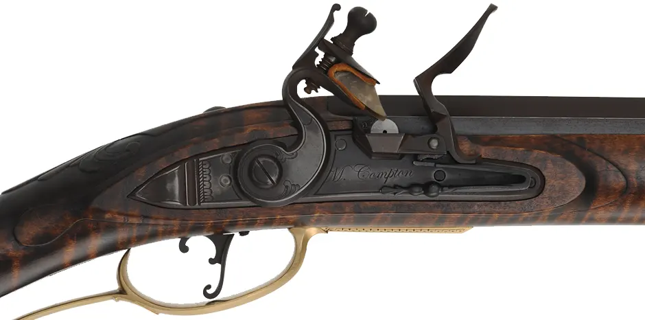 York County Longrifle,
.40 caliber, 42" Rice swamped barrel,
Chambers' deluxe Siler flintlock, curly maple, engraved brass,
new, unfired, by M. Compton
