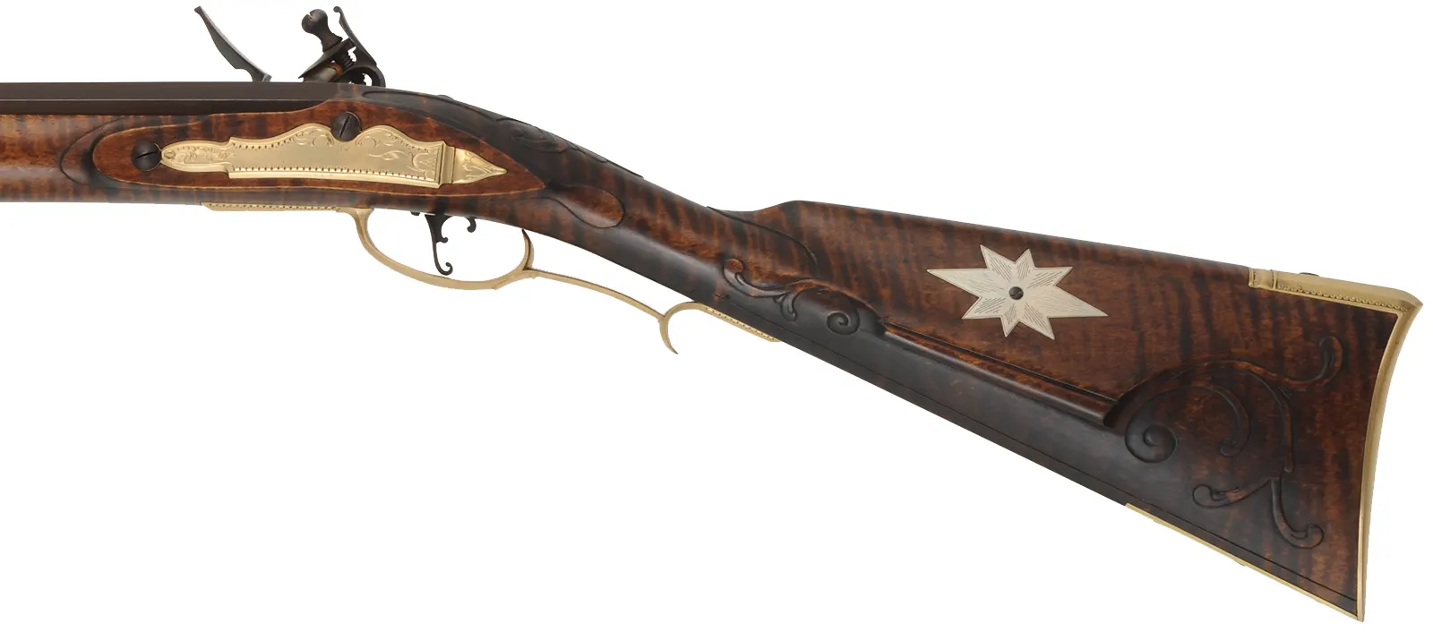York County Longrifle,
.40 caliber, 42" Rice swamped barrel,
Chambers' deluxe Siler flintlock, curly maple, engraved brass,
new, unfired, by M. Compton