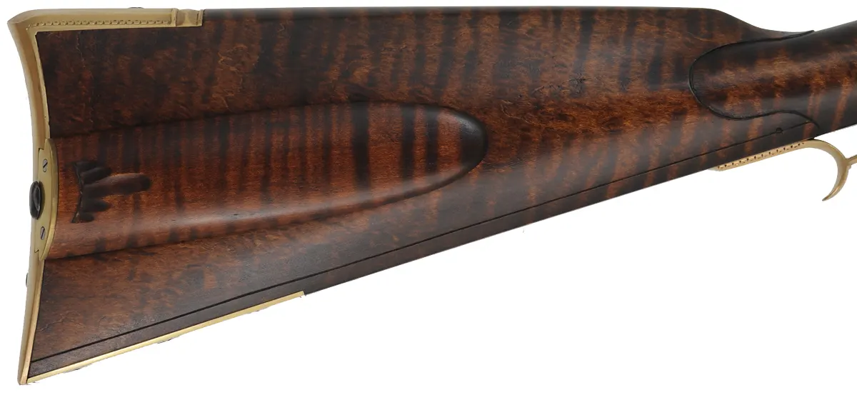 York County Longrifle,
.40 caliber, 42" Rice swamped barrel,
Chambers' deluxe Siler flintlock, curly maple, engraved brass,
new, unfired, by M. Compton