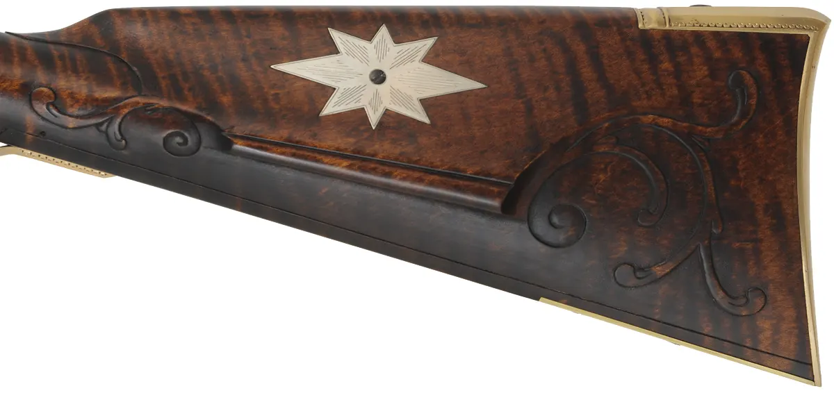 York County Longrifle,
.40 caliber, 42" Rice swamped barrel,
Chambers' deluxe Siler flintlock, curly maple, engraved brass,
new, unfired, by M. Compton