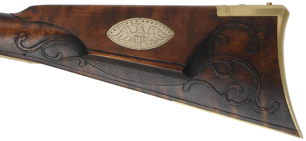 Maryland Longrifle,
.45 caliber, 42-3/8" barrel,
small Siler flintlock, curly maple, engraved brass, 
new, unfired, by M. Compton