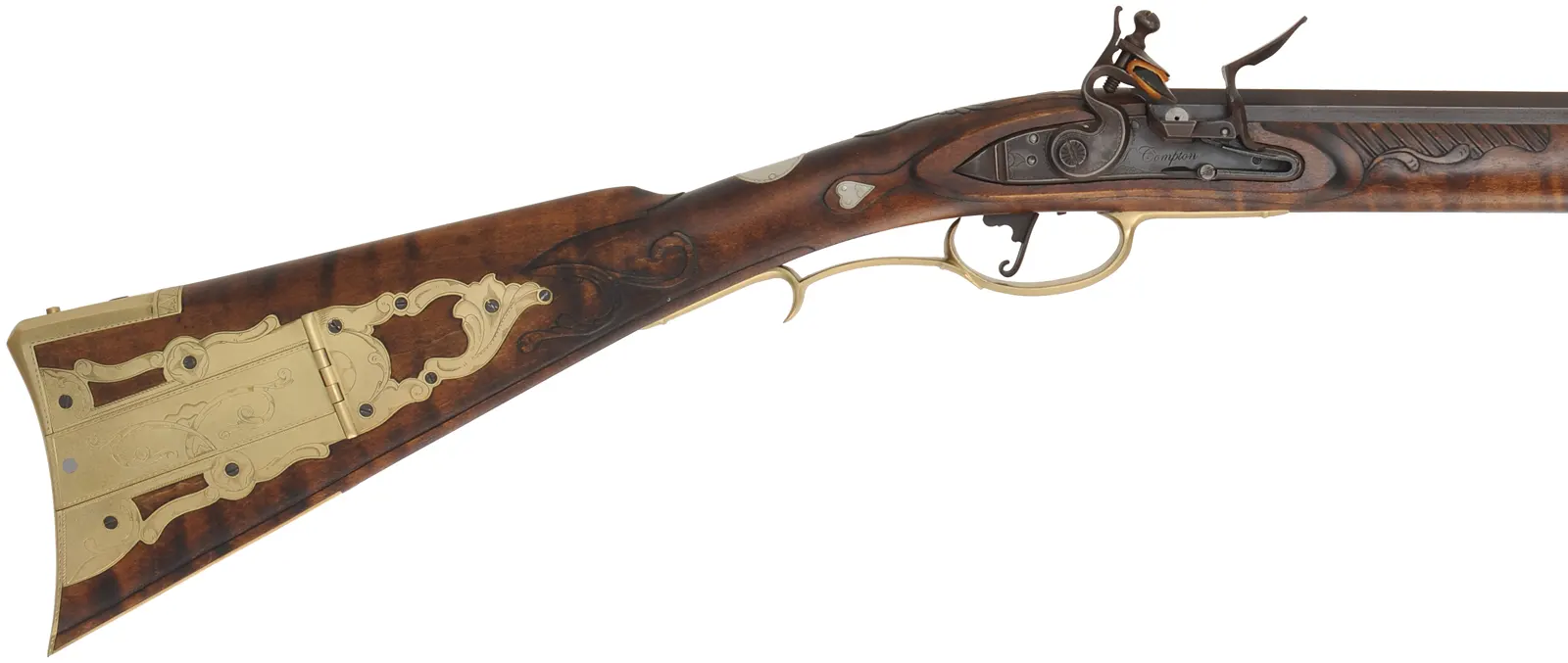 Maryland Longrifle,
.45 caliber, 42-3/8" barrel,
small Siler flintlock, curly maple, engraved brass, 
new, unfired, by M. Compton