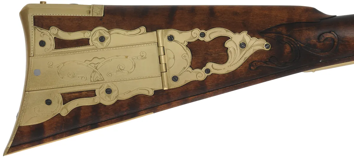 Maryland Longrifle,
.45 caliber, 42-3/8" barrel,
small Siler flintlock, curly maple, engraved brass, 
new, unfired, by M. Compton