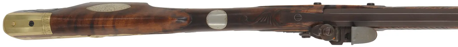 Maryland Longrifle,
.45 caliber, 42-3/8" barrel,
small Siler flintlock, curly maple, engraved brass, 
new, unfired, by M. Compton