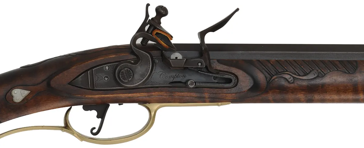 Maryland Longrifle,
.45 caliber, 42-3/8" barrel,
small Siler flintlock, curly maple, engraved brass, 
new, unfired, by M. Compton