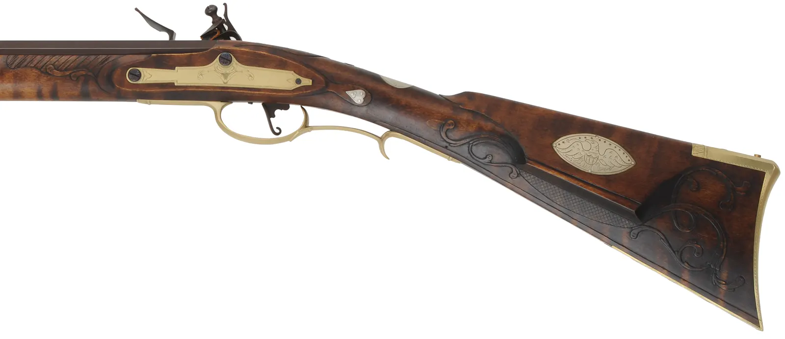 Maryland Longrifle,
.45 caliber, 42-3/8" barrel,
small Siler flintlock, curly maple, engraved brass, 
new, unfired, by M. Compton