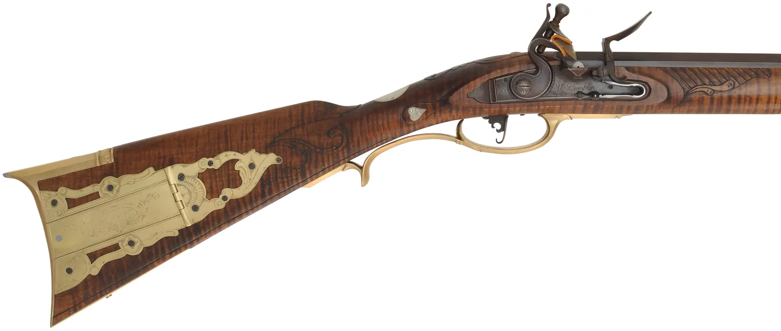 John Armstrong ~ Maryland Longrifle,
.40 caliber, 42" tapered barrel,
L&R Classic flintlock, curly maple, engraved brass, 
new, unfired, by M. Compton