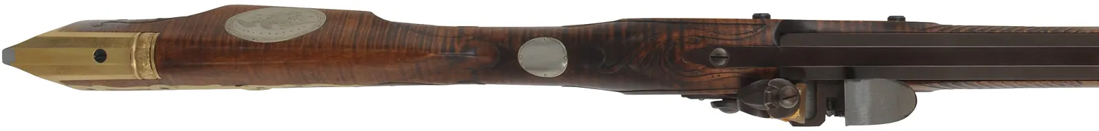John Armstrong ~ Maryland Longrifle,
.40 caliber, 42" tapered barrel,
L&R Classic flintlock, curly maple, engraved brass, 
new, unfired, by M. Compton
