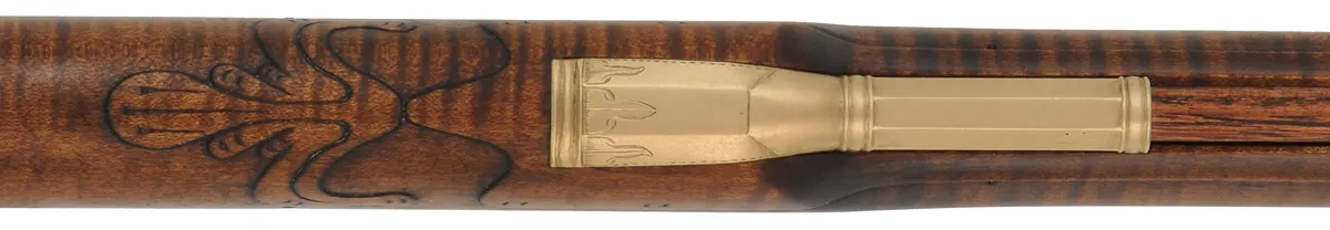 John Armstrong ~ Maryland Longrifle,
.40 caliber, 42" tapered barrel,
L&R Classic flintlock, curly maple, engraved brass, 
new, unfired, by M. Compton