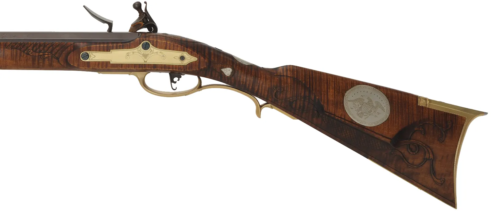 John Armstrong ~ Maryland Longrifle,
.40 caliber, 42" tapered barrel,
L&R Classic flintlock, curly maple, engraved brass, 
new, unfired, by M. Compton