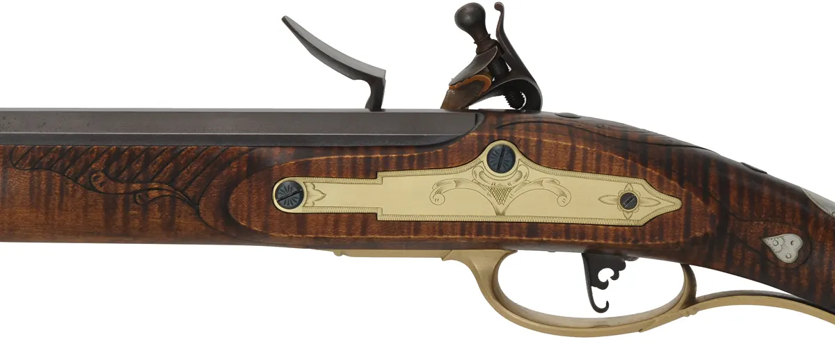 John Armstrong ~ Maryland Longrifle,
.40 caliber, 42" tapered barrel,
L&R Classic flintlock, curly maple, engraved brass, 
new, unfired, by M. Compton