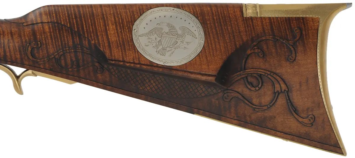 John Armstrong ~ Maryland Longrifle,
.40 caliber, 42" tapered barrel,
L&R Classic flintlock, curly maple, engraved brass, 
new, unfired, by M. Compton