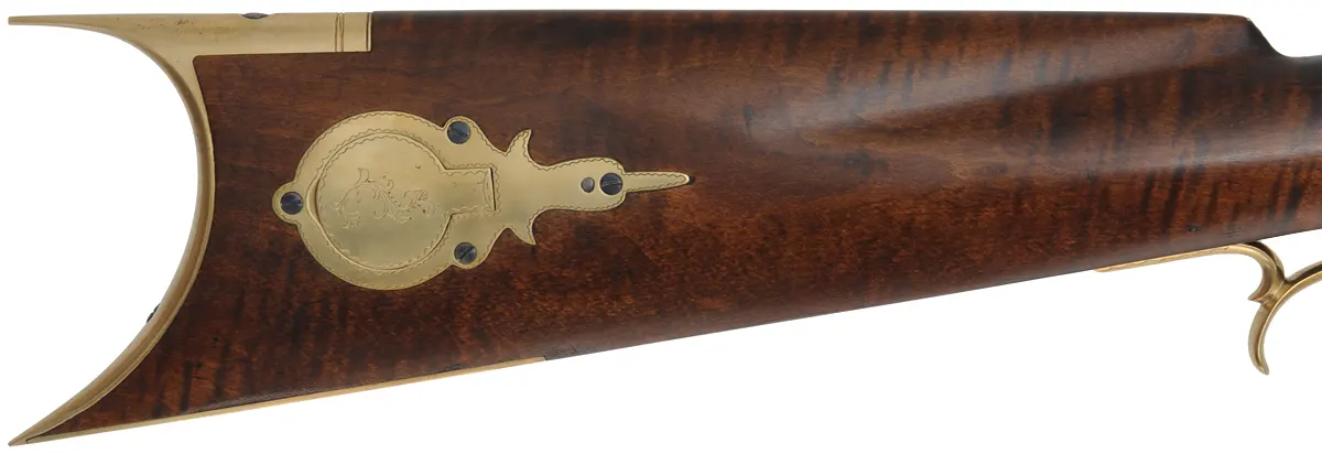 J. Vincent Ohio Rifle, 
.40 caliber, 34" Colerain barrel, 
Goulcher percussion, curly maple, engraved brass,
new, by M. Compton