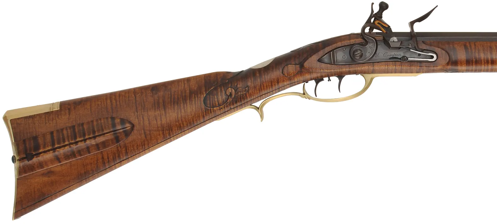 J.P. Beck Longrifle,
.40 caliber, 30-1/2" W.E. Rayl octagon-to-round barrel,
Chambers' small Siler flintlock, curly maple, brass,
new, unfired, by M. Compton