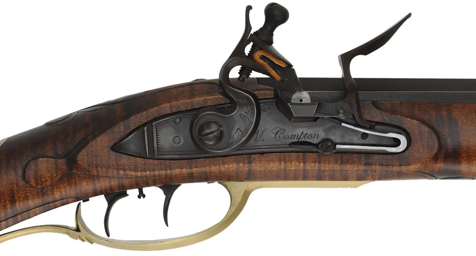 J.P. Beck Longrifle,
.40 caliber, 30-1/2" W.E. Rayl octagon-to-round barrel,
Chambers' small Siler flintlock, curly maple, brass,
new, unfired, by M. Compton