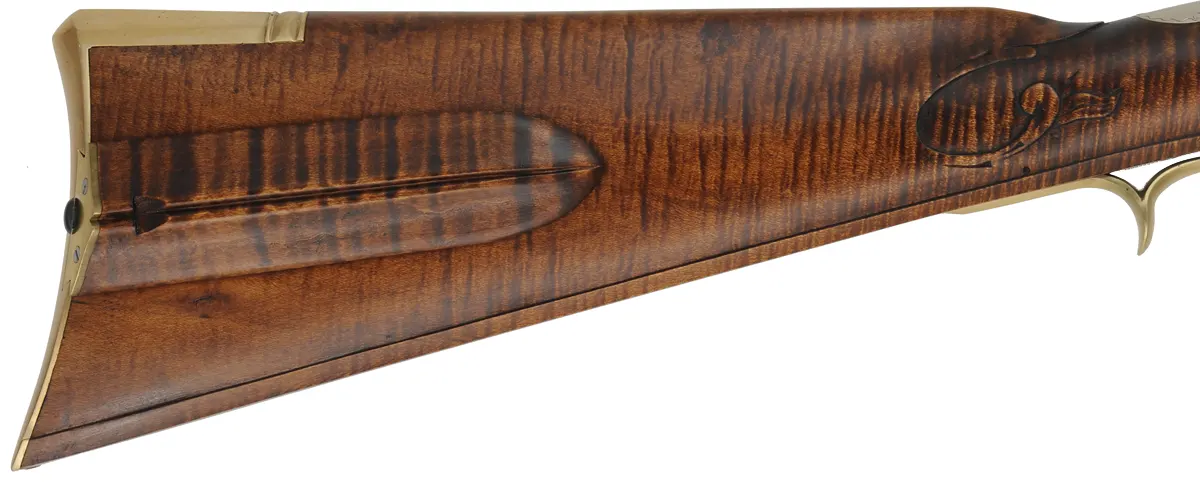 J.P. Beck Longrifle,
.40 caliber, 30-1/2" W.E. Rayl octagon-to-round barrel,
Chambers' small Siler flintlock, curly maple, brass,
new, unfired, by M. Compton
