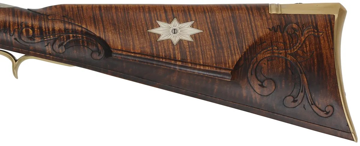 J.P. Beck Longrifle,
.40 caliber, 30-1/2" W.E. Rayl octagon-to-round barrel,
Chambers' small Siler flintlock, curly maple, brass,
new, unfired, by M. Compton