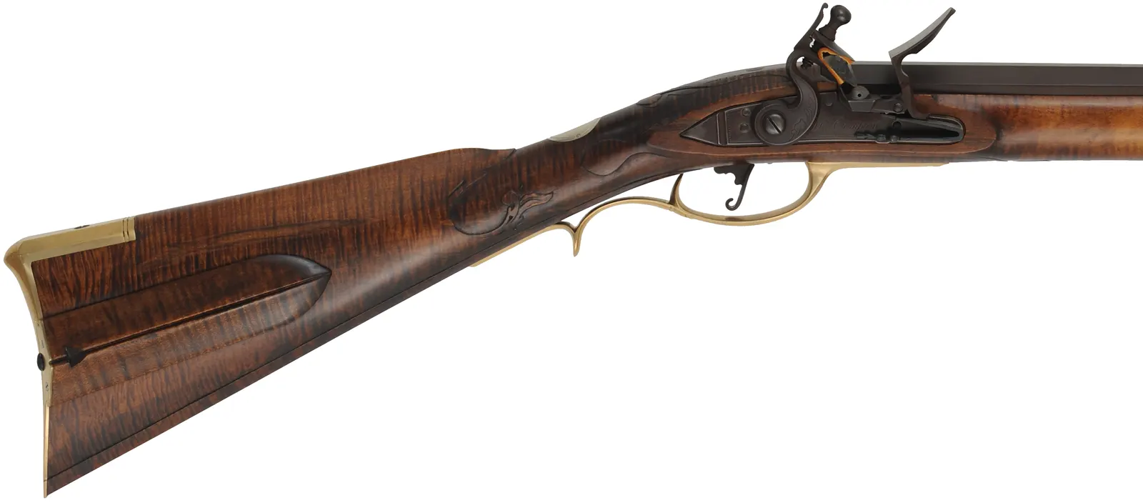 J.P. Beck Flint Fowler,
.54 caliber smoothbore, 38" Rice octagon-to-round barrel,
Chambers' deluxe Siler flintlock, curly maple, engraved brass,
new, unfired, by M. Compton