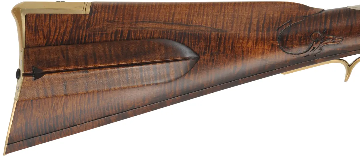 J.P. Beck Flint Fowler,
.54 caliber smoothbore, 38" Rice octagon-to-round barrel,
Chambers' deluxe Siler flintlock, curly maple, engraved brass,
new, unfired, by M. Compton