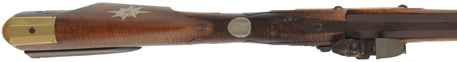 J.P. Beck Flint Fowler,
.54 caliber smoothbore, 38" Rice octagon-to-round barrel,
Chambers' deluxe Siler flintlock, curly maple, engraved brass,
new, unfired, by M. Compton