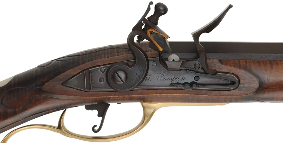 J.P. Beck Flint Fowler,
.54 caliber smoothbore, 38" Rice octagon-to-round barrel,
Chambers' deluxe Siler flintlock, curly maple, engraved brass,
new, unfired, by M. Compton