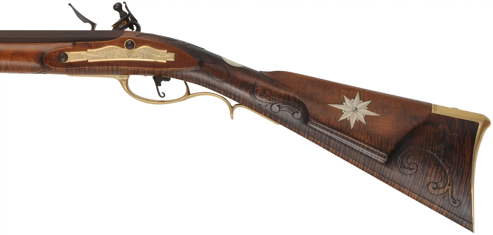 J.P. Beck Flint Fowler,
.54 caliber smoothbore, 38" Rice octagon-to-round barrel,
Chambers' deluxe Siler flintlock, curly maple, engraved brass,
new, unfired, by M. Compton