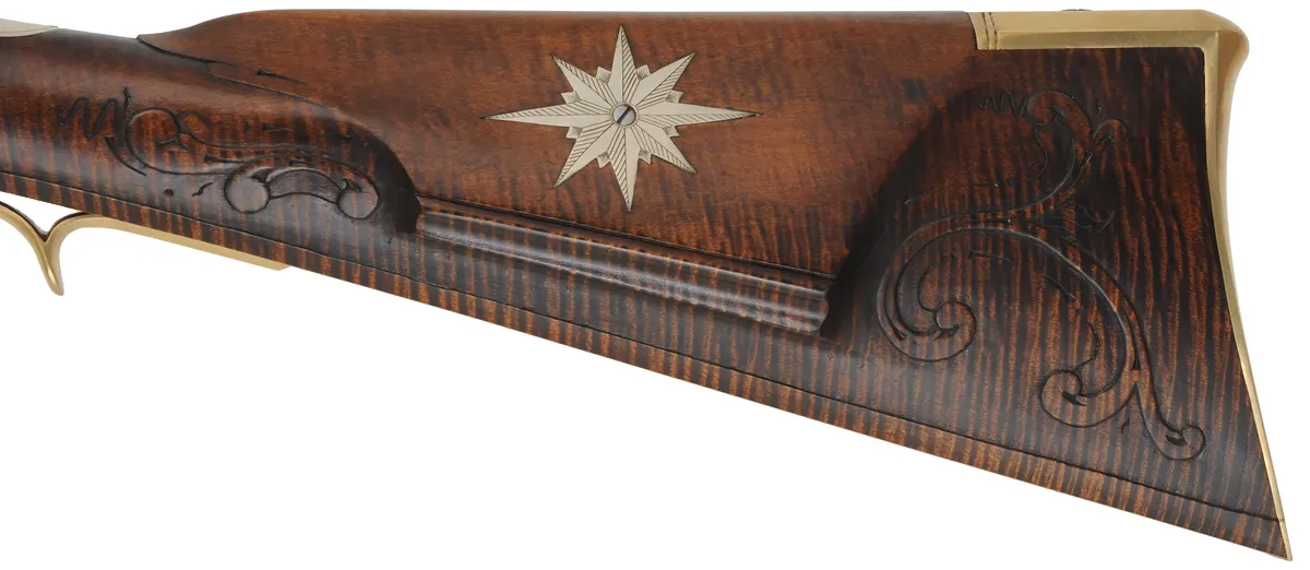 J.P. Beck Flint Fowler,
.54 caliber smoothbore, 38" Rice octagon-to-round barrel,
Chambers' deluxe Siler flintlock, curly maple, engraved brass,
new, unfired, by M. Compton