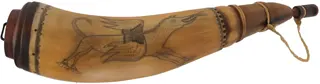 Powder Horn,
12", scrimshaw verse,
hell horse, iron staple