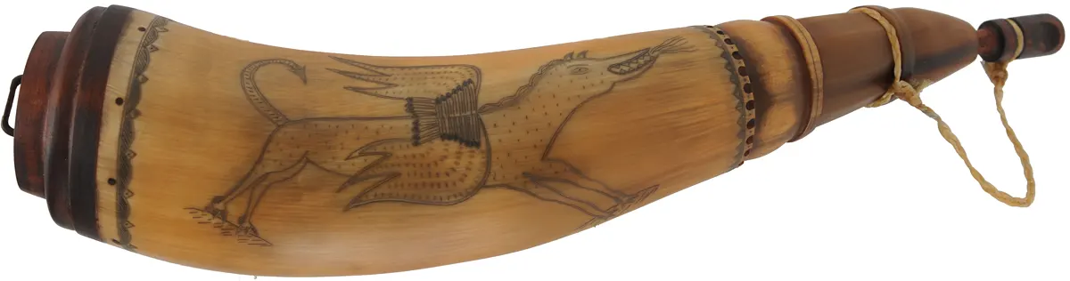Powder Horn,
12", scrimshaw verse,
hell horse, iron staple