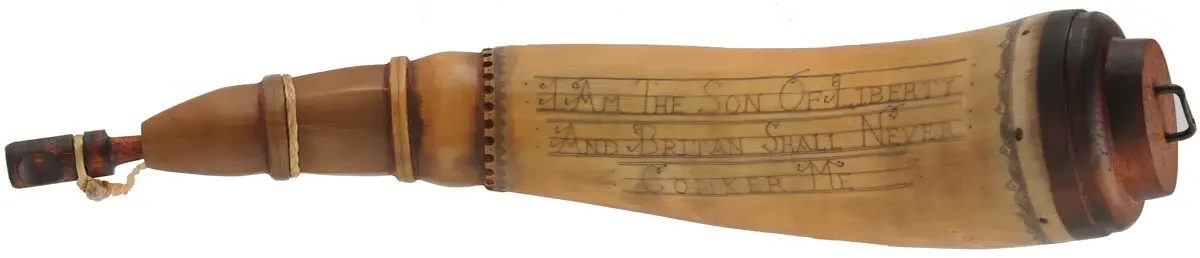 Powder Horn,
12", scrimshaw verse,
hell horse, iron staple