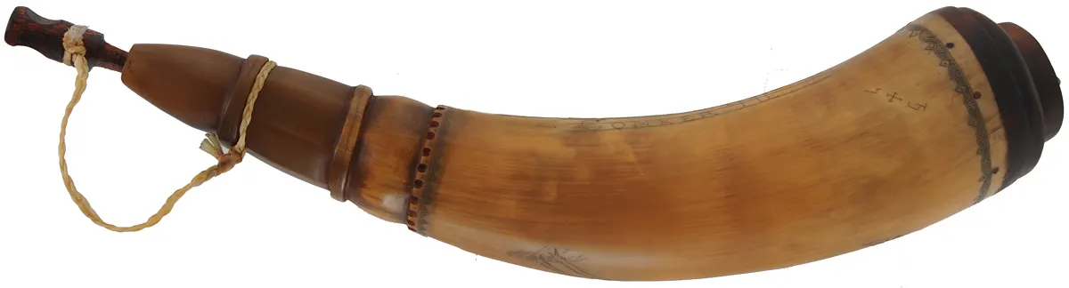 Powder Horn,
12", scrimshaw verse,
hell horse, iron staple