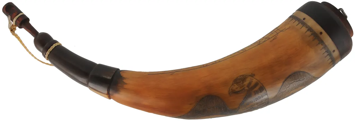 Powder Horn,
13", scrimshaw patriotic verse, 
Federal eagle