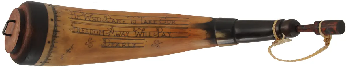 Powder Horn,
13", scrimshaw patriotic verse, 
Federal eagle