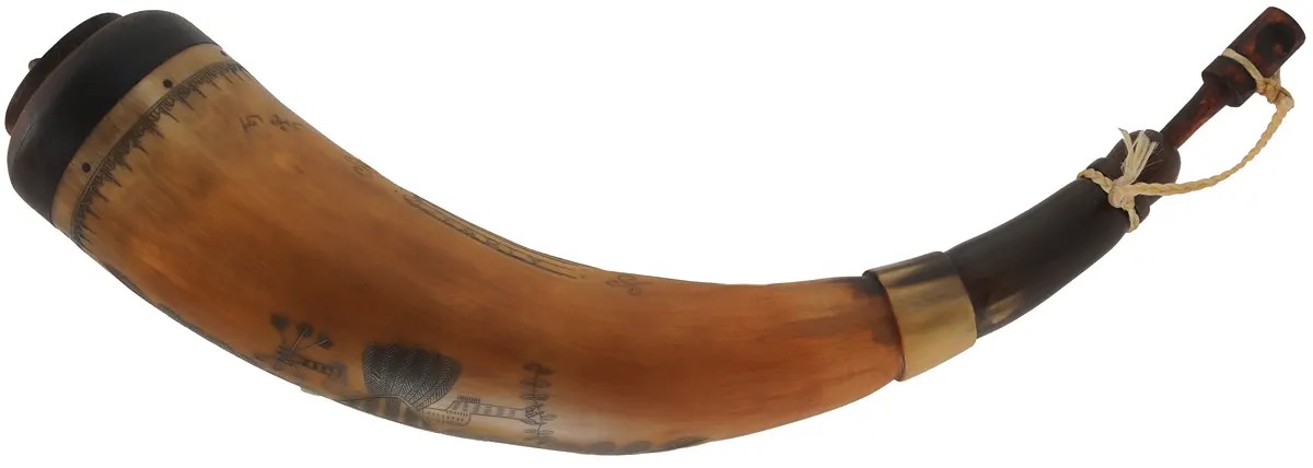 Powder Horn,
13", scrimshaw patriotic verse, 
Federal eagle