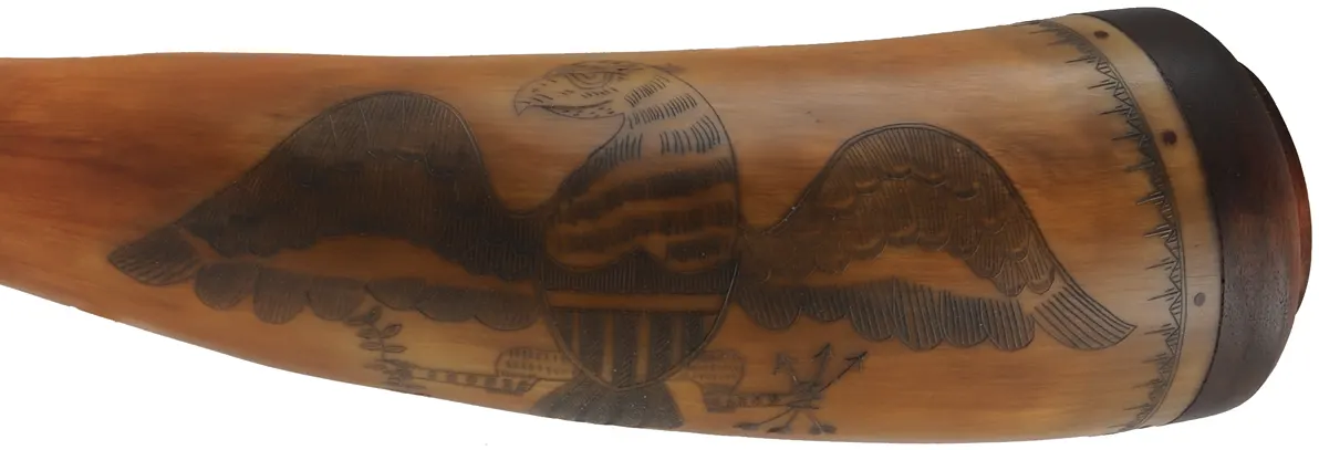 Powder Horn,
13", scrimshaw patriotic verse, 
Federal eagle