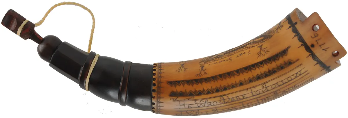 Powder Horn,
11", scrimshaw Fort Stanwix & verse