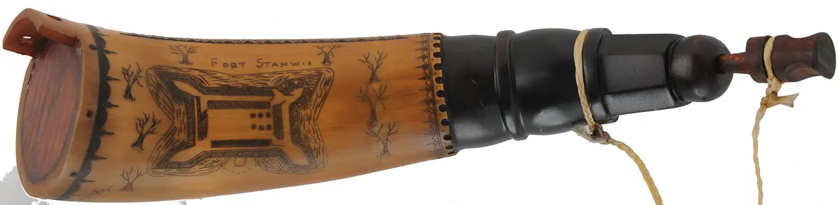 Powder Horn,
11", scrimshaw Fort Stanwix & verse