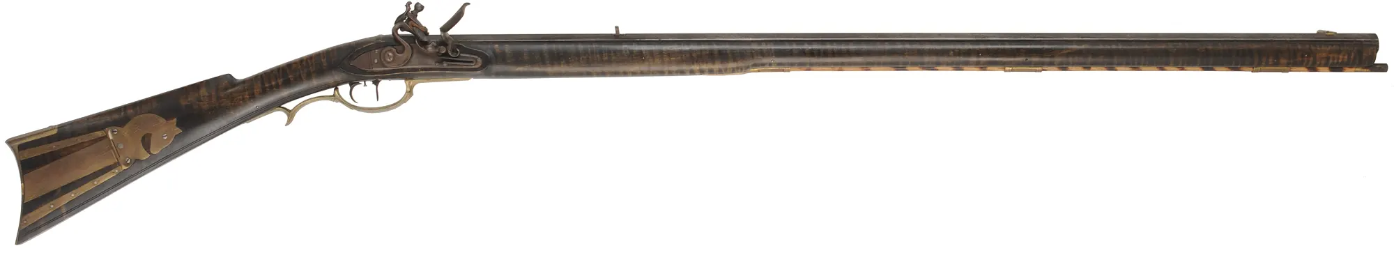 Lancaster Co. Longrifle,
.50 caliber, 38-1/2" barrel,
L&R flintlock, curly maple, brass,
used, by L. Cardroy