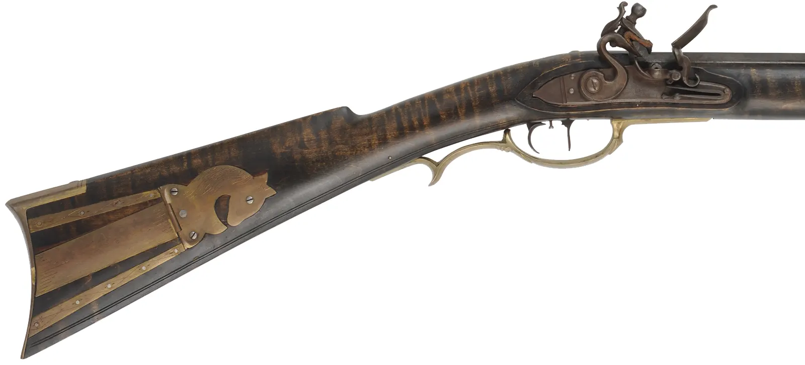 Lancaster Co. Longrifle,
.50 caliber, 38-1/2" barrel,
L&R flintlock, curly maple, brass,
used, by L. Cardroy