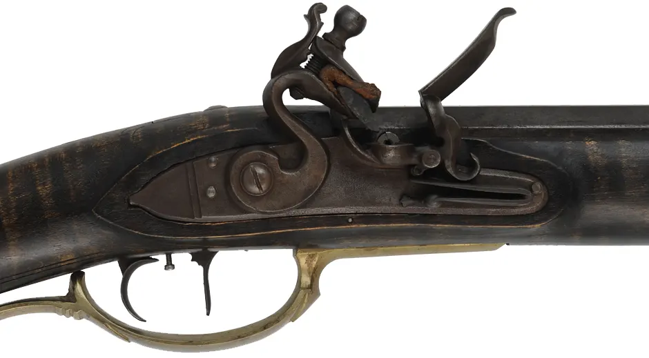 Lancaster Co. Longrifle,
.50 caliber, 38-1/2" barrel,
L&R flintlock, curly maple, brass,
used, by L. Cardroy