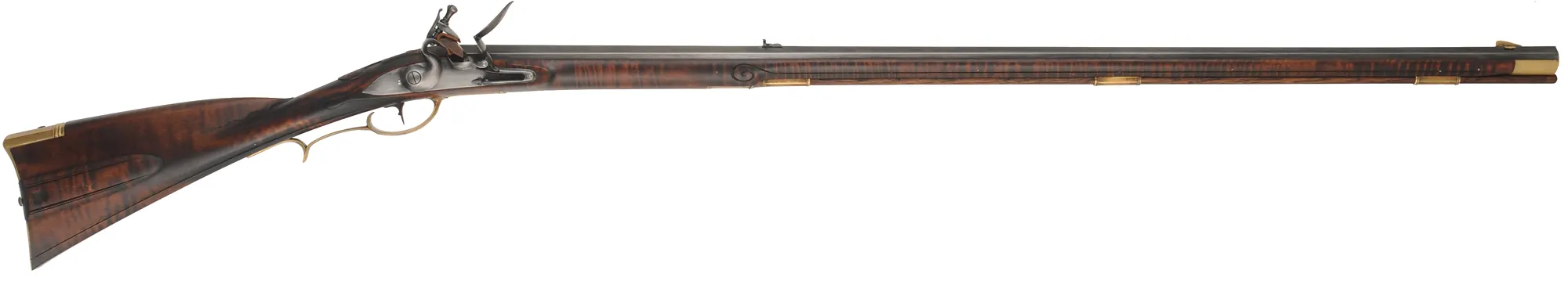 Virginia Valley Longrifle,
.54 caliber,  39-3/4" swamped barrel, 
round faced flintlock, curly maple, brass,
new, unfired 