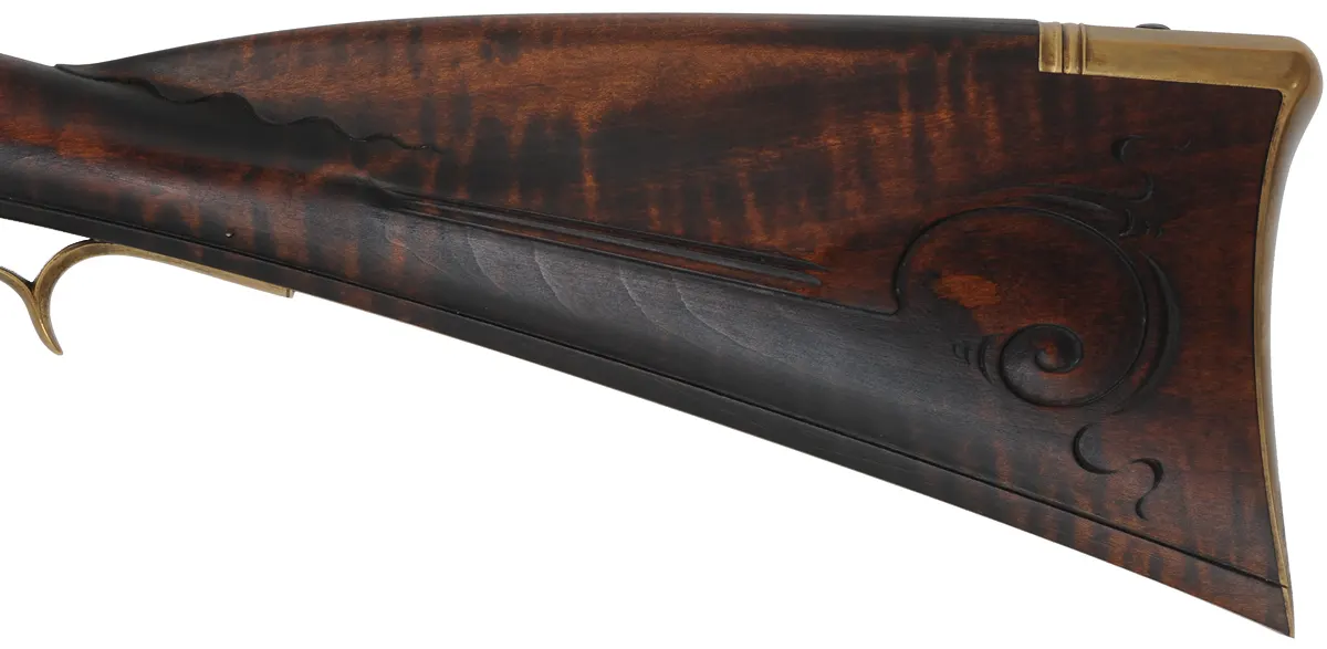 Virginia Valley Longrifle,
.54 caliber,  39-3/4" swamped barrel, 
round faced flintlock, curly maple, brass,
new, unfired 