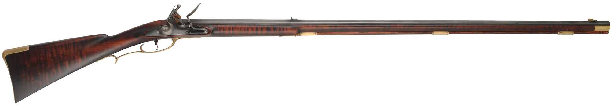 Colonial Longrifle,
.58 caliber,  43-1/2" swamped barrel, 
round faced flintlock, curly maple, brass,
new, unfired
