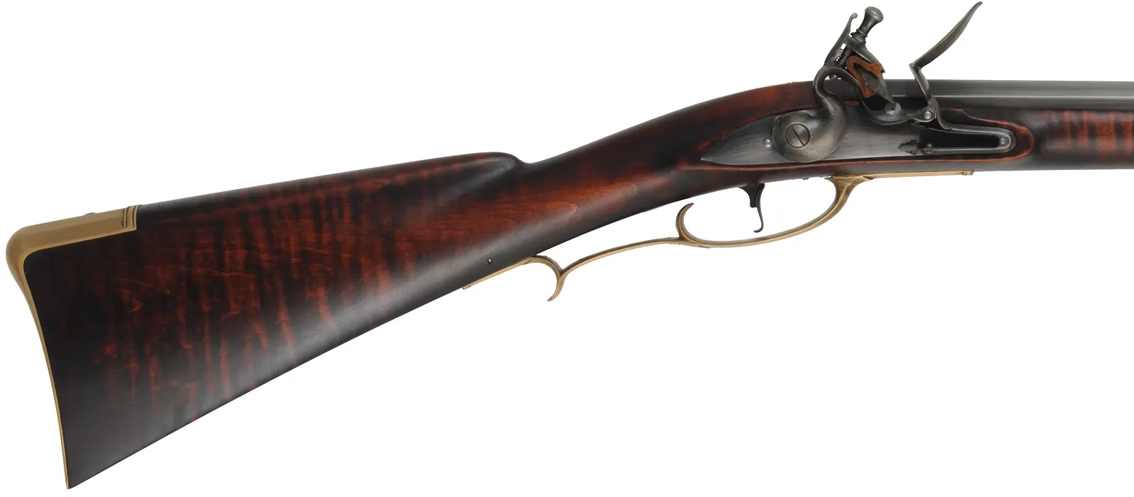 Colonial Longrifle,
.58 caliber,  43-1/2" swamped barrel, 
round faced flintlock, curly maple, brass,
new, unfired