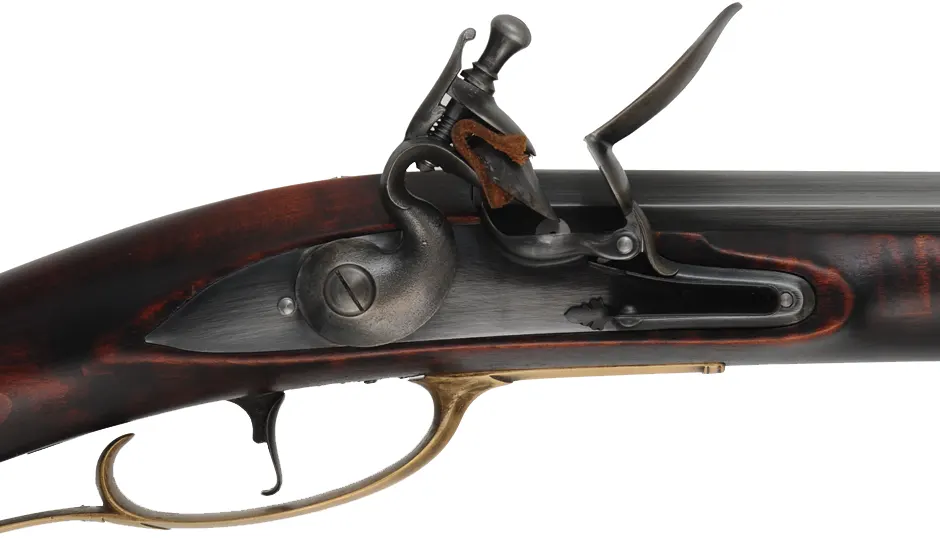 Colonial Longrifle,
.58 caliber,  43-1/2" swamped barrel, 
round faced flintlock, curly maple, brass,
new, unfired